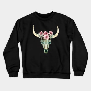 Cow Skull and floral roses crown, boho, bull skull, watercolor style and mandala decorations Crewneck Sweatshirt